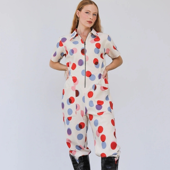Noble Pants - Polka Dot Jumpsuit - Red, Blue, White